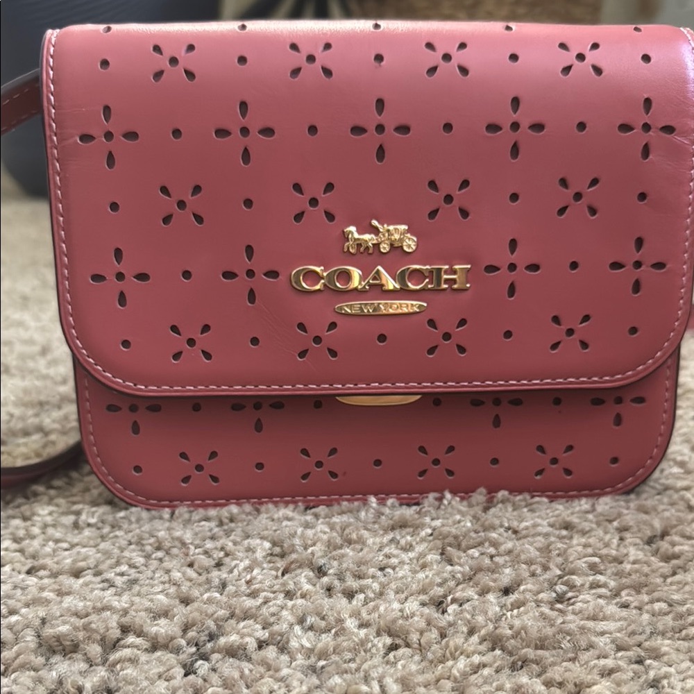 Coach Floral Perforated Leather Crossbody Bag Berry/Raspberry Pink